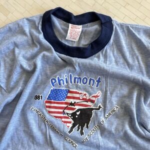 Vintage 80s Boy Scout Philmont Scout Ranch Ringer Bull T-Shirt Sz XL (M) Blue
